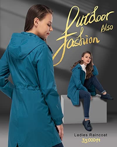 Women's 33,000ft Waterproof Long Rain Coat with Hood Windbreaker
