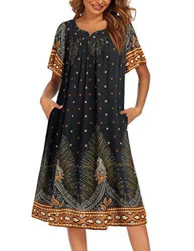 Ekouaer Womens Flower Print Nightgown Short Sleeve House Dress with Pockets