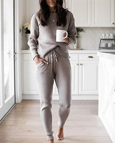 Eurivicy Women's Fall Rib Knit Outfit Set: Long Sleeve Top & Drawstring Pants