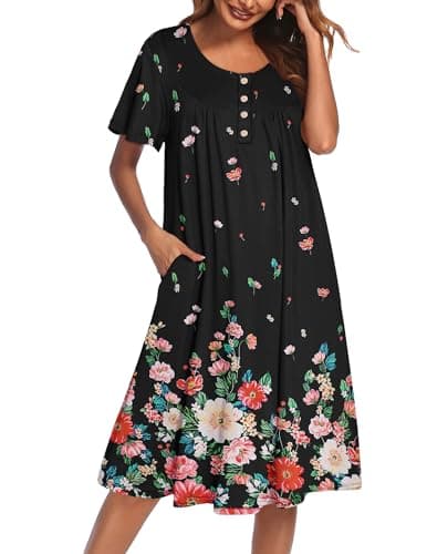 Ekouaer Women's Short Sleeve Nightgown with Pockets Floral Print