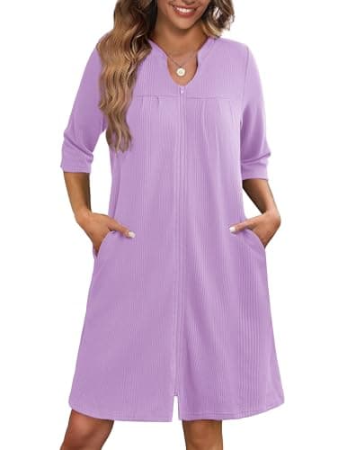 Ekouaer Women's 3/4 Sleeve Waffle Knit Zipper Bathrobe with Pockets S-3XL