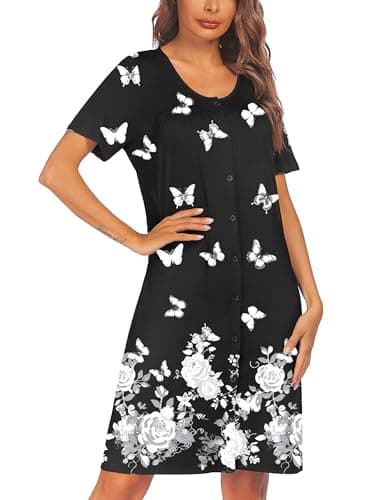 Ekouaer Women's Short Sleeve Pleated Nightgown - Button Down Snap Front S-2XL