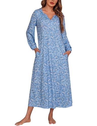 Marvmys Women's Cotton Long Sleeve Nightgown with Pockets
