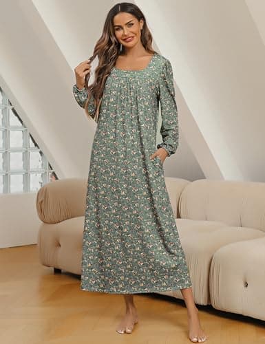Marvmys Women's Long Sleeve Cotton Nightgown with Pocket S-XXL