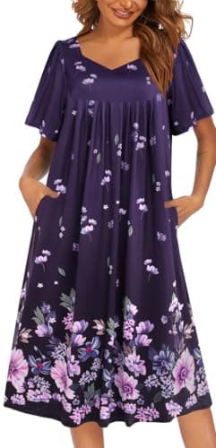Ekouaer Women's Pleated Nightgown - Short Sleeves & Pockets