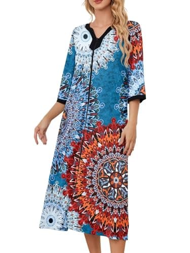 PITINAN Zip up Robes for Women Long Lounge Dress House Coat S-3XL
