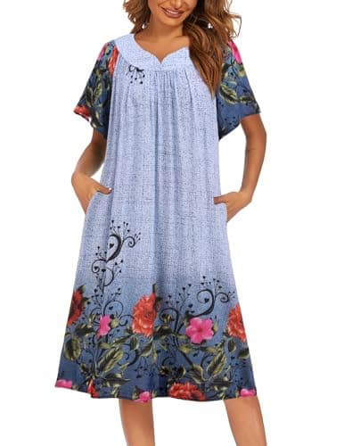 Ekouaer Womens Flower Print Nightgown Short Sleeve House Dress with Pockets