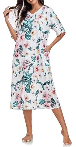 Vslarh Women's Soft V-Neck Knit Nightgown with Pockets S-XXL
