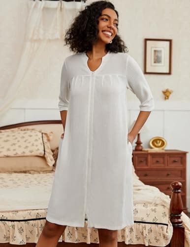 Ekouaer Women's 3/4 Sleeve Waffle Knit Zipper Bathrobe with Pockets S-3XL