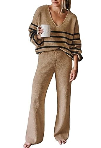 AOHITE Women's Casual V-Neck Knit Sweater Set with Wide Leg Pants