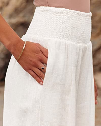 Chouuya Women's Smocked High-Waisted Cotton Linen Palazzo Pants Wide Leg with Pockets