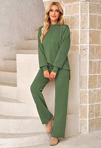 Fixmatti Women's Knit Sweatsuit with Turtleneck Top and Wide Leg Pants
