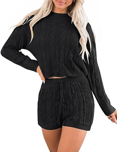 ZESICA Women's Casual Sweater Sets - Long Sleeve Cable Knit Tops and Drawstring Shorts