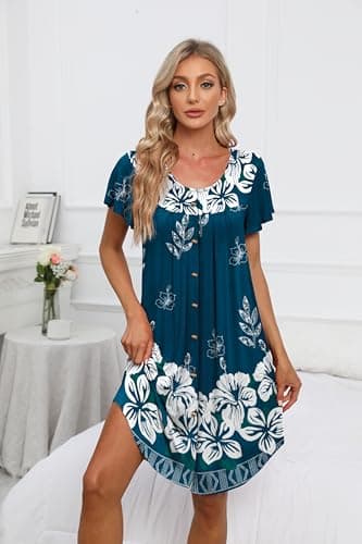 BestShow Women's Button Down Nightgown with Pleated Front & Hand Pockets