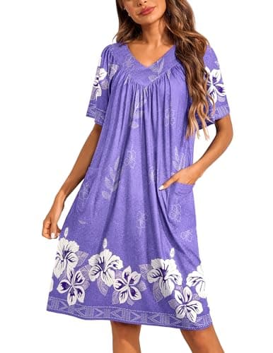 Ekouaer Womens Floral Print Pocket Nightgown Mumu Dress