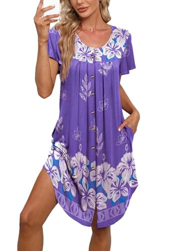 BestShow Women's Button Down Nightgown with Pleated Front & Hand Pockets