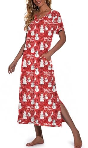 PrinStory Women's Soft V-Neck Long Nightgown with Pockets