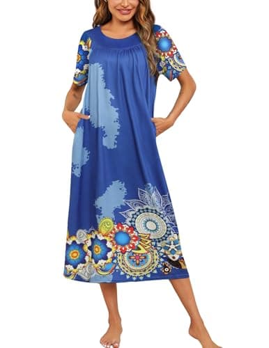 Ekouaer Women's Pleated House Dress with Pockets S-XXXL