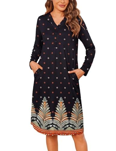 Ekouaer Women's Long Sleeve Nightgown with Pockets