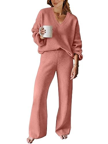 ANRABESS Women's Long Sleeve Cable Knit Sweater and Wide Leg Matching Tracksuit Set