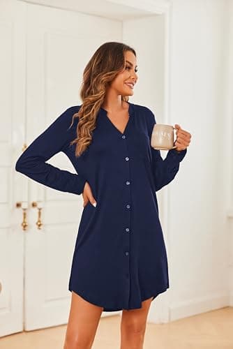 Ekouaer Women's Long Sleeve V-Neck Nightgown
