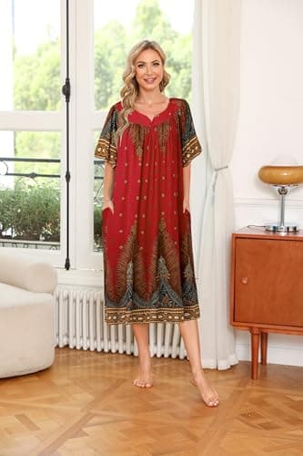 Ekouaer Womens Flower Print Nightgown Short Sleeve House Dress with Pockets