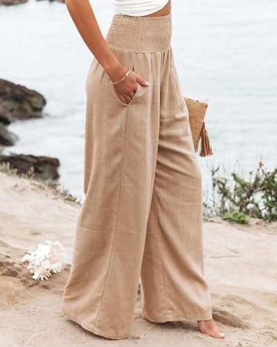 GLIENST Women's High-Waisted Smocked Linen Palazzo Pants S-2XL