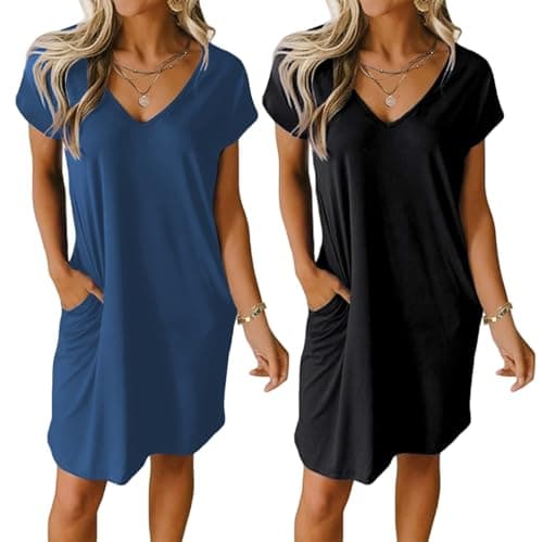 Ekouaer Womens V Neck Short Sleeve Nightgown with Pockets Plain/Floral