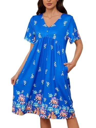 Crimson Floral Print Nightgown with Pockets - Women's S-4XL