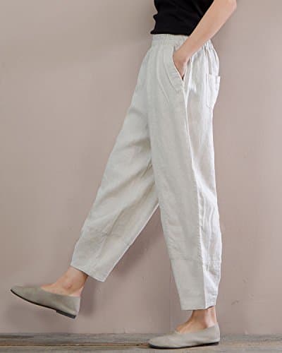 IXIMO Women's Comfortable Linen Crop Tapered Pants with Elastic Waist