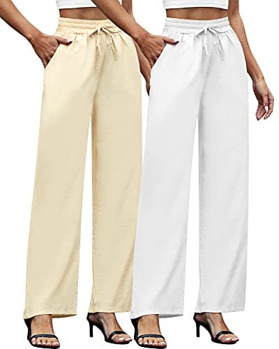 Ficerd Women's Cotton Linen High-Waisted Wide Leg Pants with Pockets