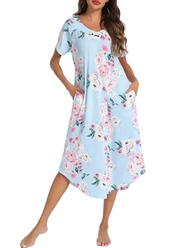 YOZLY Soft V-Neck Short Sleeve Nightgowns for Women with Pockets