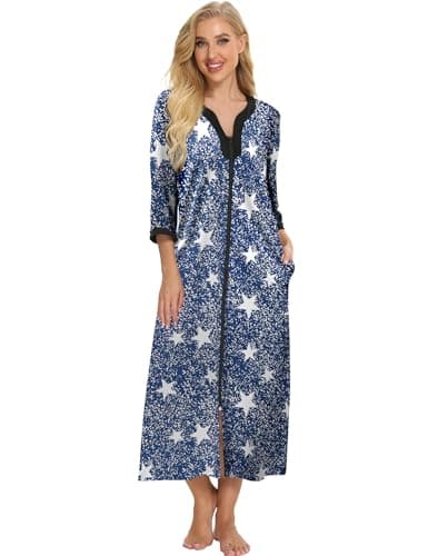 Bloggerlove Soft Cotton Zip Up Robes for Women Night Gown Long House Coat Half Sleeve Sleepwear