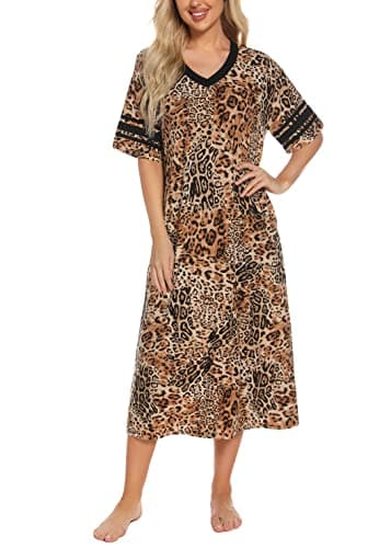 Vslarh Women's Soft V-Neck Knit Nightgown with Pockets S-XXL