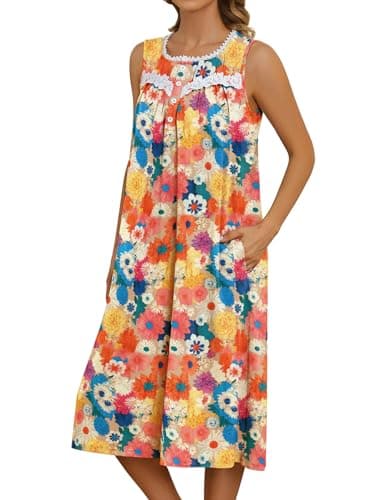 Bloggerlove Women's Sleeveless Nightgown with Pockets and Button Down Design