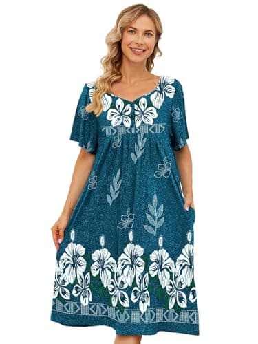 Womens House Dresses with Pockets - Moo Moo Nightgown Short Sleeve Mumu Dress Lounge Dress S-3XL
