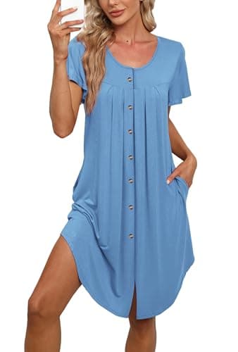 BestShow Women's Button Down Nightgown with Pleated Front & Hand Pockets