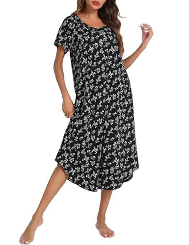 YOZLY Soft V-Neck Short Sleeve Nightgowns for Women with Pockets