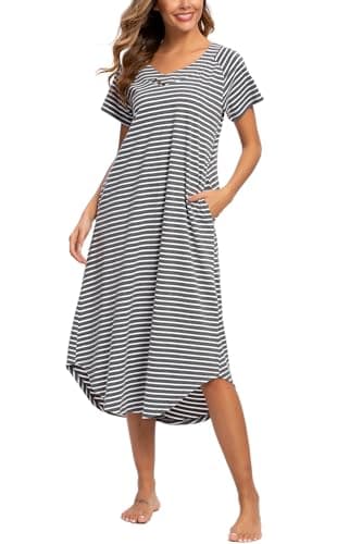 YOZLY Soft V-Neck Short Sleeve Nightgowns for Women with Pockets