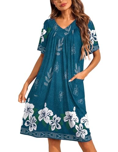 Ekouaer Womens Floral Print Pocket Nightgown Mumu Dress