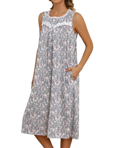 Bloggerlove Women's Sleeveless Nightgown with Pockets and Button Down Design