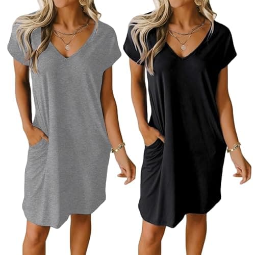 Ekouaer Womens V Neck Short Sleeve Nightgown with Pockets Plain/Floral