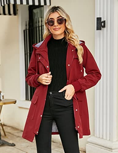 Premium Red Striped Rain Jacket with Navy Blue Plaid Lining (L)