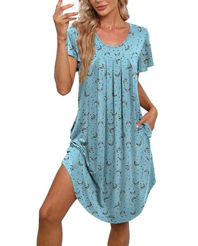 Bestshow Women's Pleated Front Loose Fit Short Sleeve Nightgown with Hand Pockets (S-5XL)