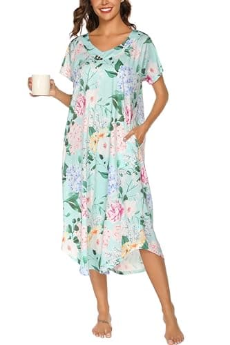 YOZLY Soft V-Neck Short Sleeve Nightgowns for Women with Pockets