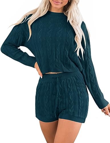 ZESICA Women's Casual Sweater Sets - Long Sleeve Cable Knit Tops and Drawstring Shorts