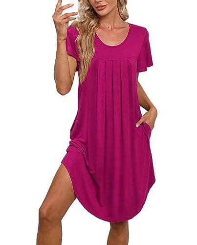 Bestshow Women's Pleated Front Loose Fit Short Sleeve Nightgown with Hand Pockets (S-5XL)