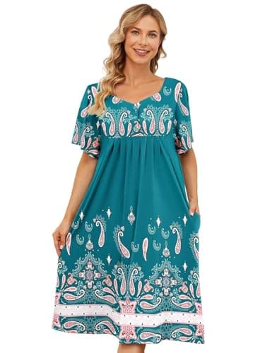 Womens House Dresses with Pockets - Moo Moo Nightgown Short Sleeve Mumu Dress Lounge Dress S-3XL