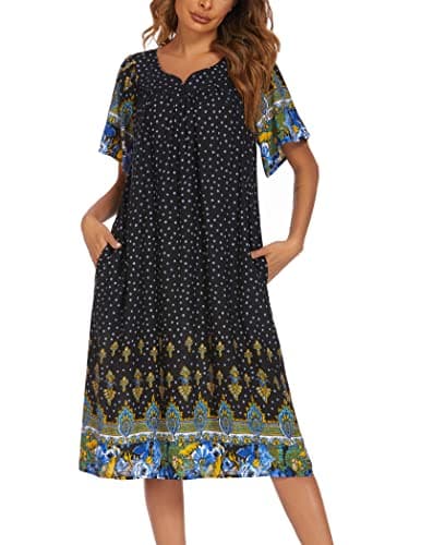 Ekouaer Womens Flower Print Nightgown Short Sleeve House Dress with Pockets