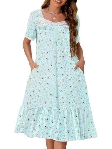 Cripom Women's Long Nightgowns with Lace Collar & Floral Print Pockets S-3XL